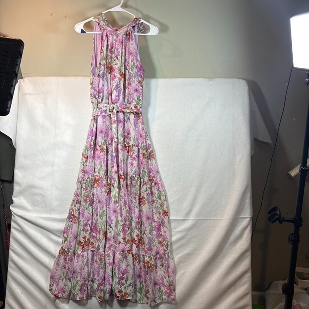 Taylor Floral Halter Maxi‎ Dress Womens 6 Pink Excellent Tiered Belted